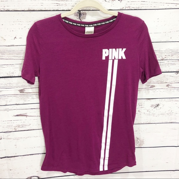 PINK Victoria's Secret Tops - VS Pink Logo Striped Short Sleeved Tee: Purple